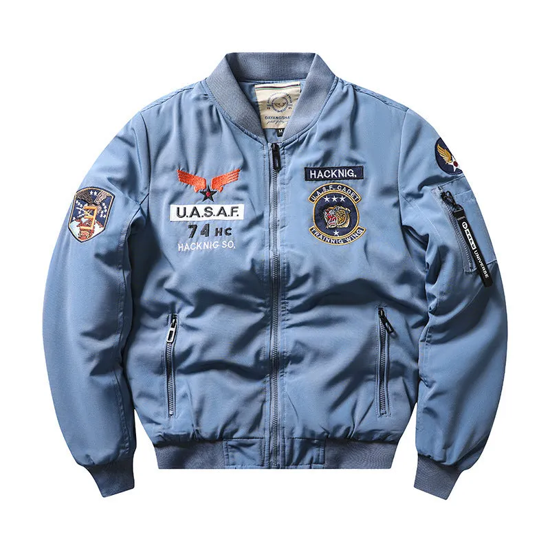 Men's slim-fit stand collar cotton-padded coat in blue, shown with embroidery and patch pockets.