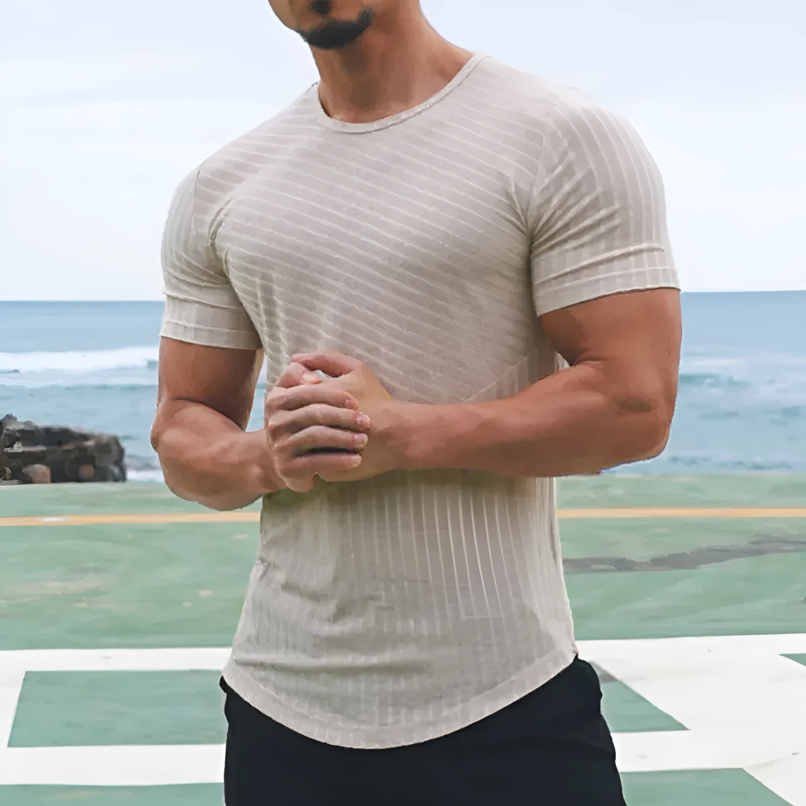 Men's white solid colour loose fit short sleeve cotton blend pullover t-shirt on model