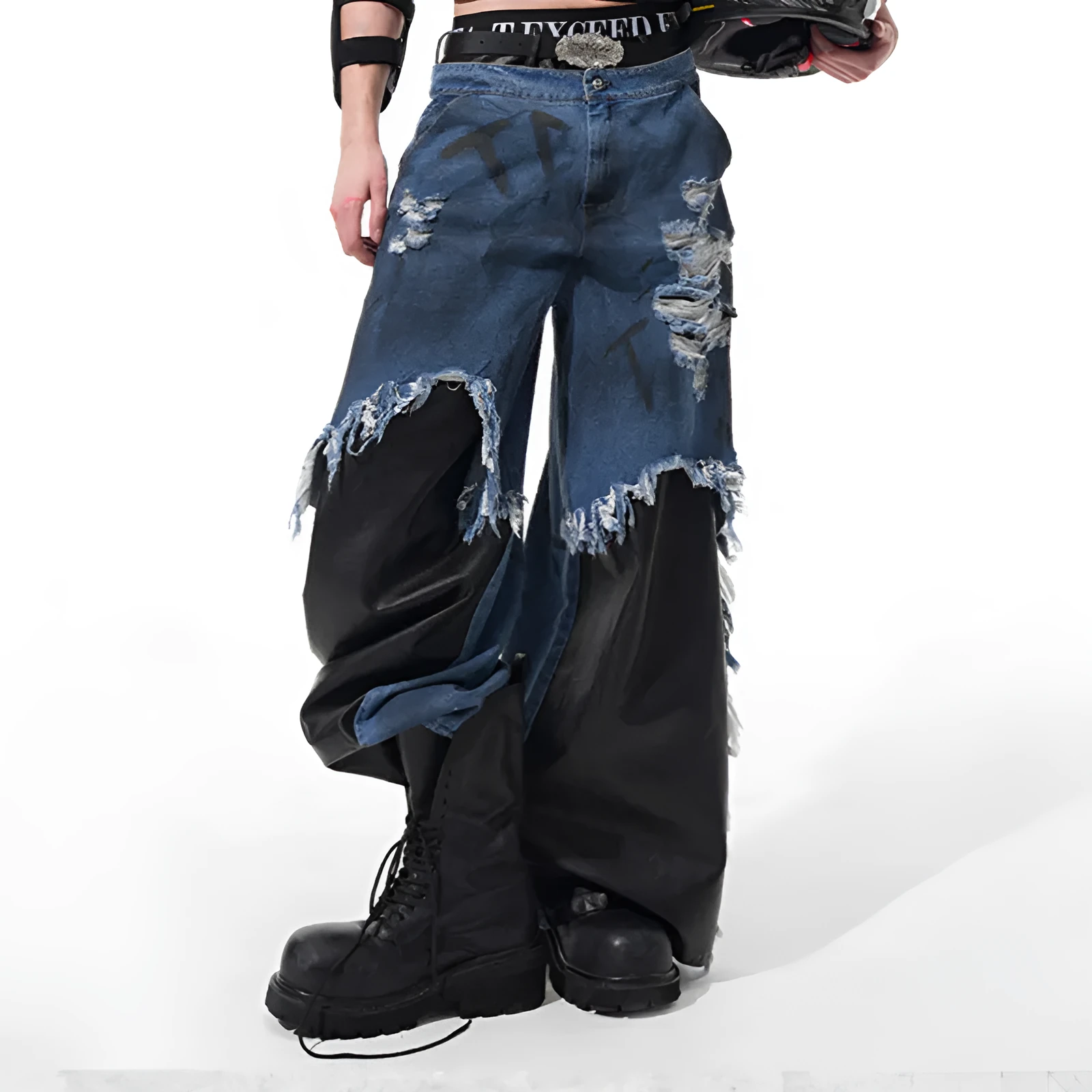 Blue hand painted letters dirty dyed raw hem ripped straight-leg denim pants for teenagers