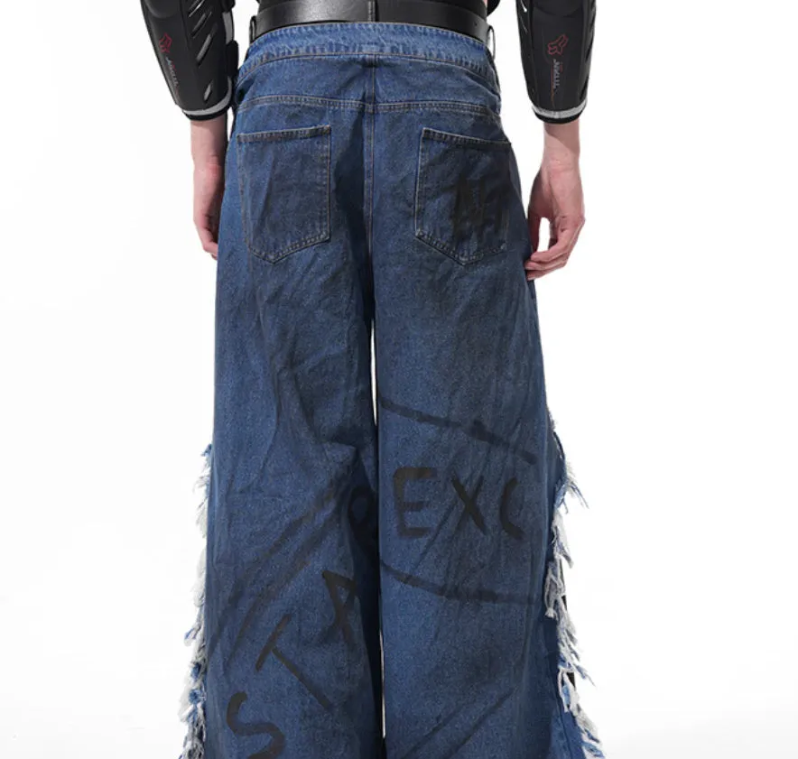 Blue hand painted letters dirty dyed raw hem ripped straight-leg denim pants for teenagers