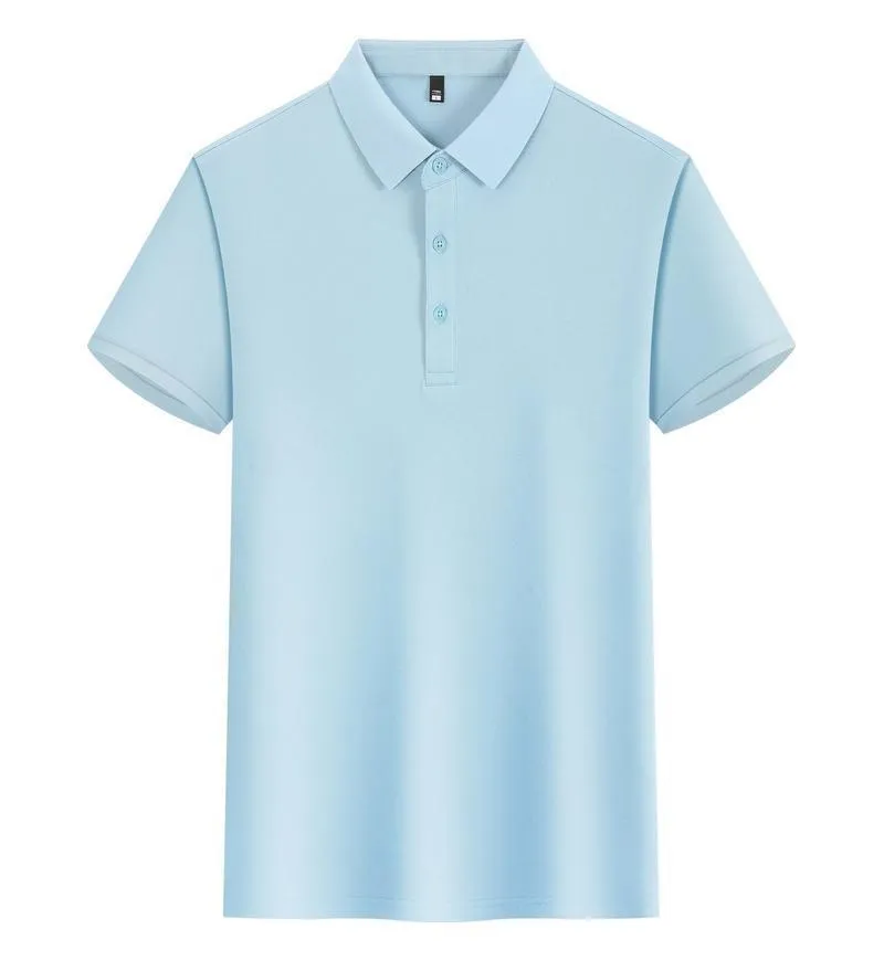 Unisex lapel polo shirt in light blue with short sleeves and slit sides, 100% polyester