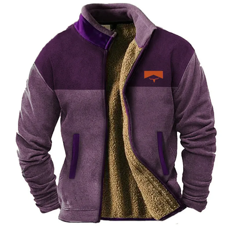 Men's green polyester fleece padded coat on a hanger, showing regular fit and quilted padding.