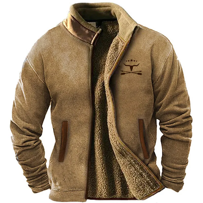 Men's green polyester fleece padded coat on a hanger, showing regular fit and quilted padding.