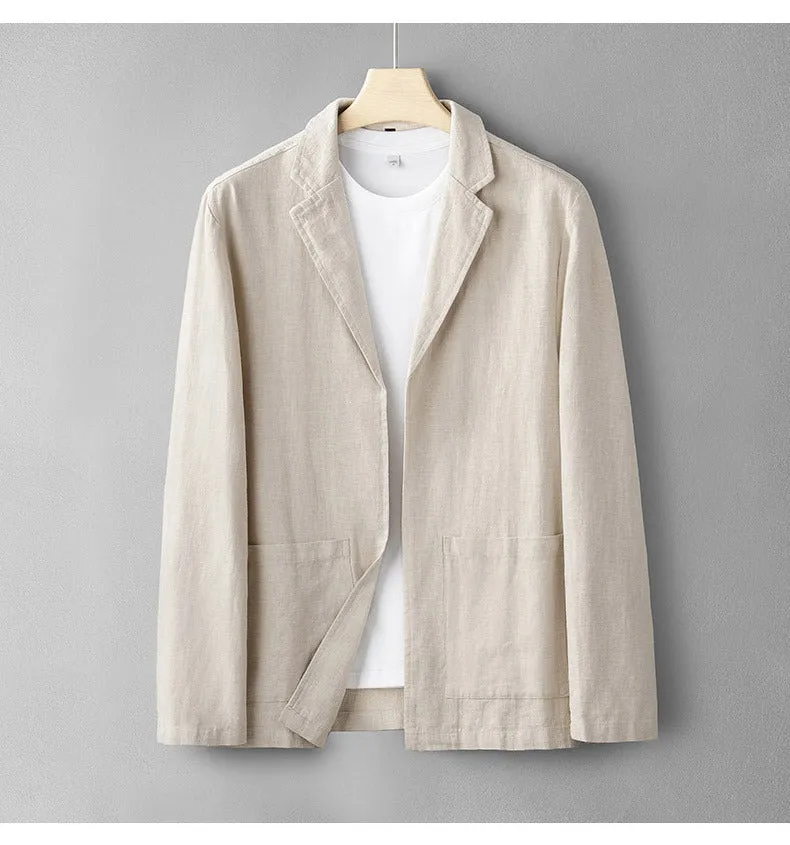 Men's linen casual suit set in solid colour with long sleeve jacket and trousers, available in apricot gray navy blue