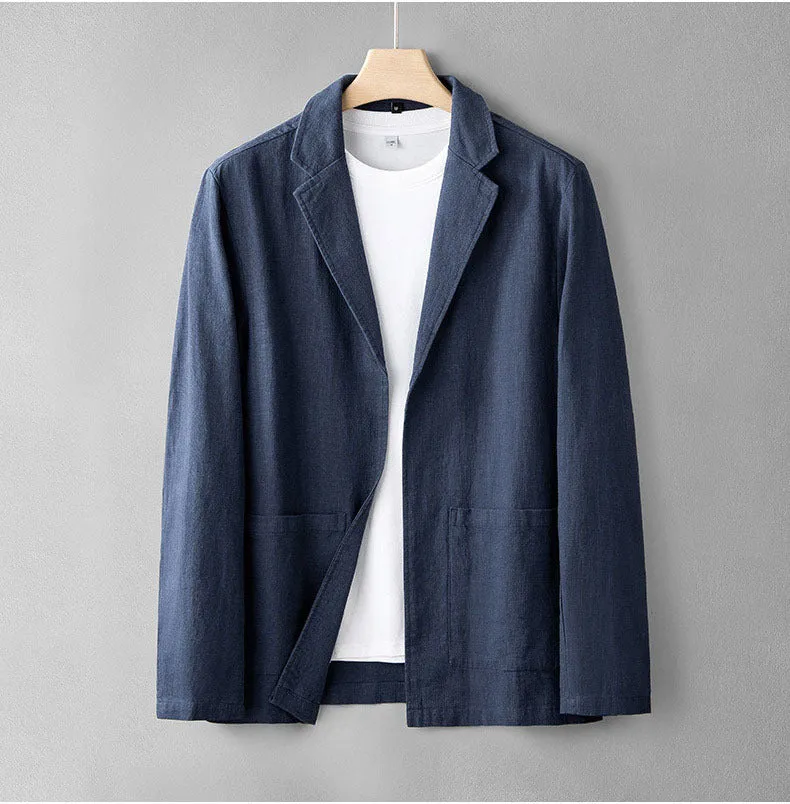 Men's linen casual suit set in solid colour with long sleeve jacket and trousers, available in apricot gray navy blue