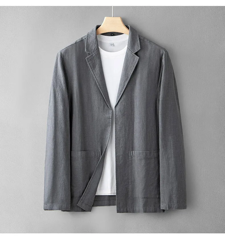 Men's linen casual suit set in solid colour with long sleeve jacket and trousers, available in apricot gray navy blue