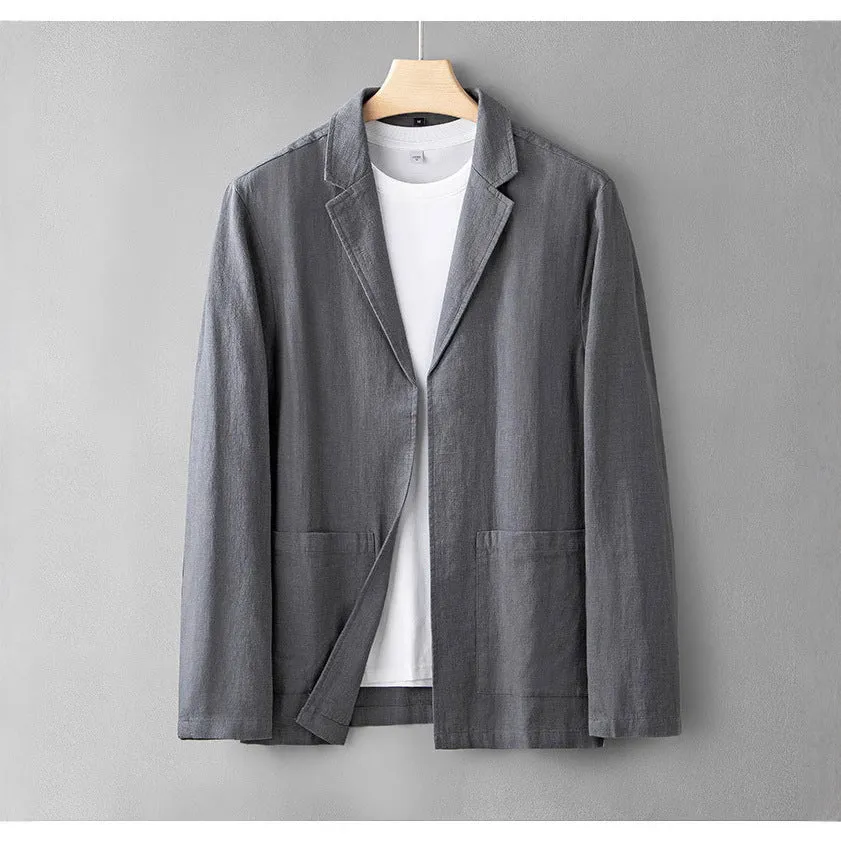 Men's linen casual suit set in solid colour with long sleeve jacket and trousers, available in apricot gray navy blue