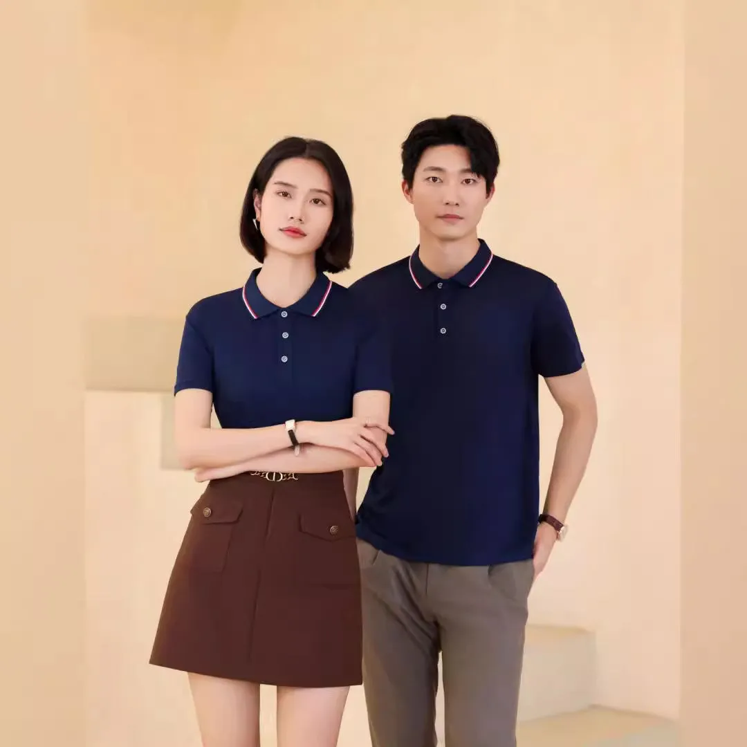 Men's and women's short sleeve work T-shirt in cotton blend with lapel collar, solid colour, front view
