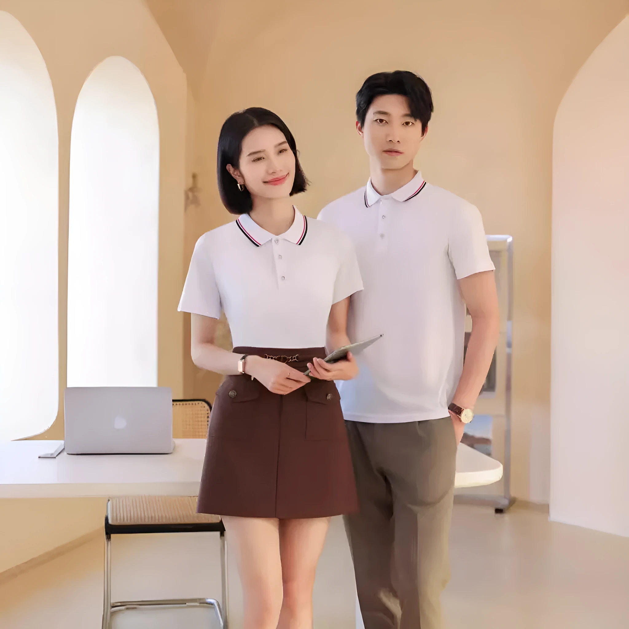 Men's and women's short sleeve work T-shirt in cotton blend with lapel collar, solid colour, front view