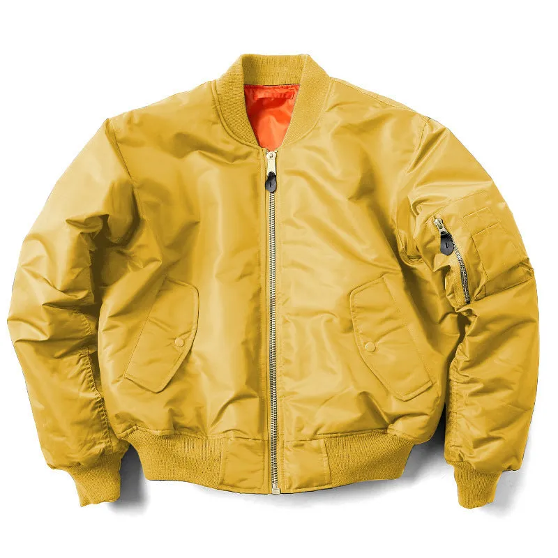 Men's loose fit cotton-padded pilot jacket in Army Green, made from nylon fabric.