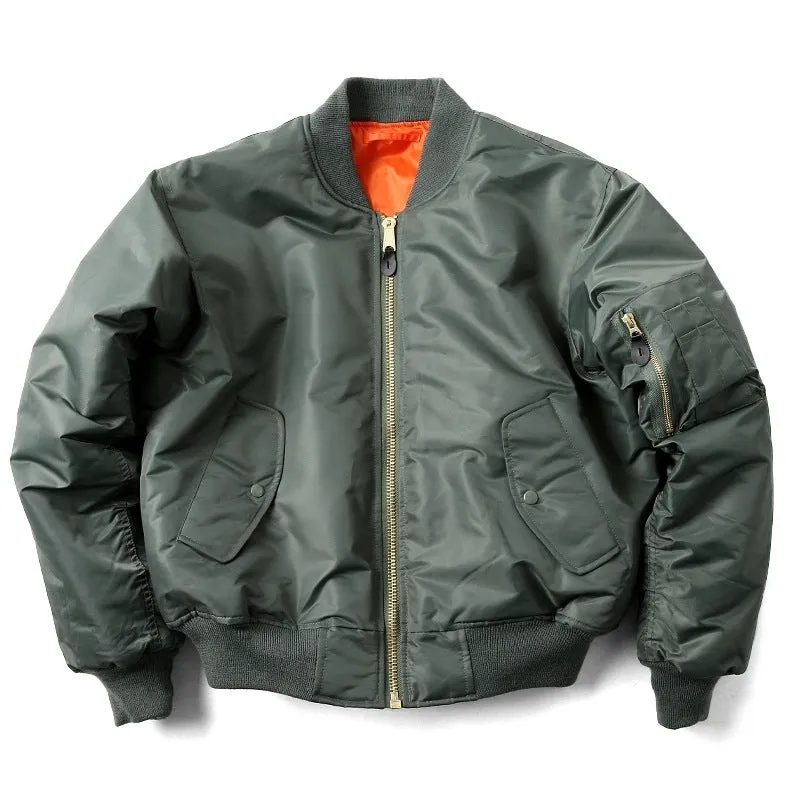 Men's loose fit cotton-padded pilot jacket in Army Green, made from nylon fabric.