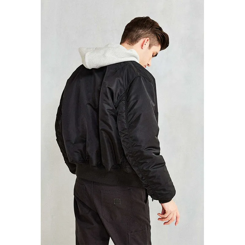 Men's loose fit cotton-padded pilot jacket in Army Green, made from nylon fabric.