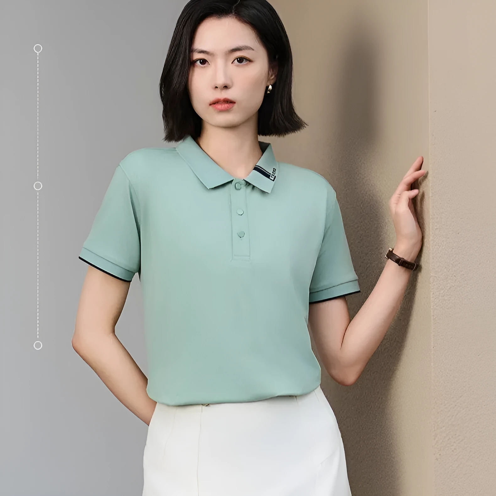 Women's cotton blend letter print lapel polo shirt in light blue, loose fit short sleeves