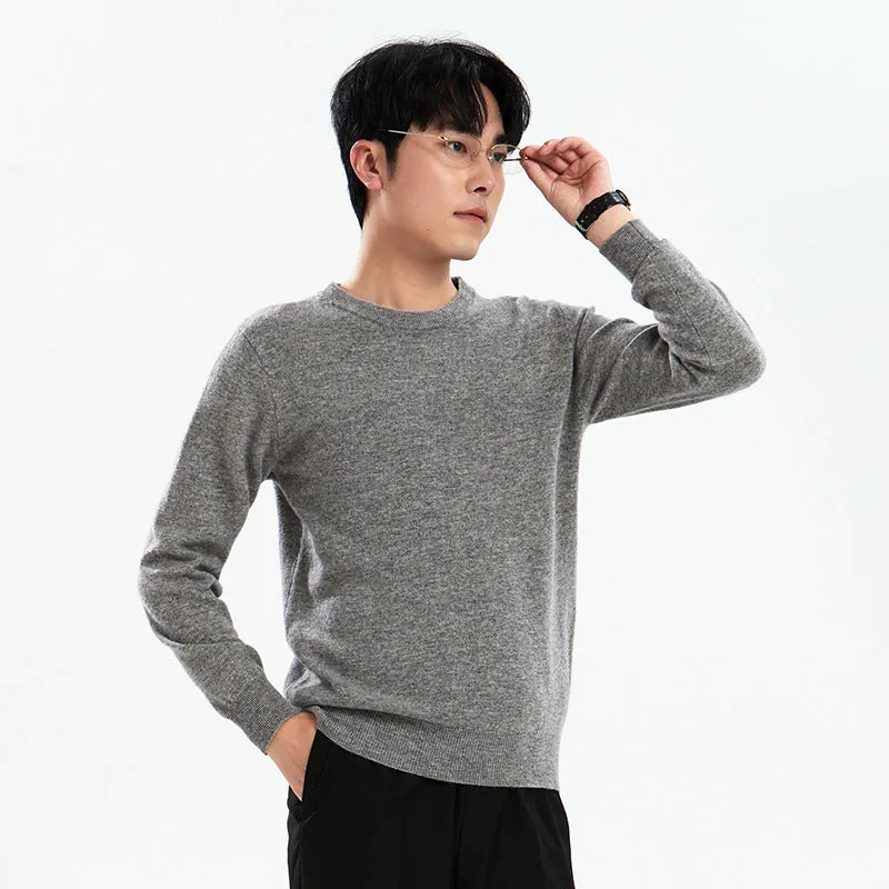 Men's loose round neck pullover sweater in standard wool, autumn long sleeve, regular 50cm length