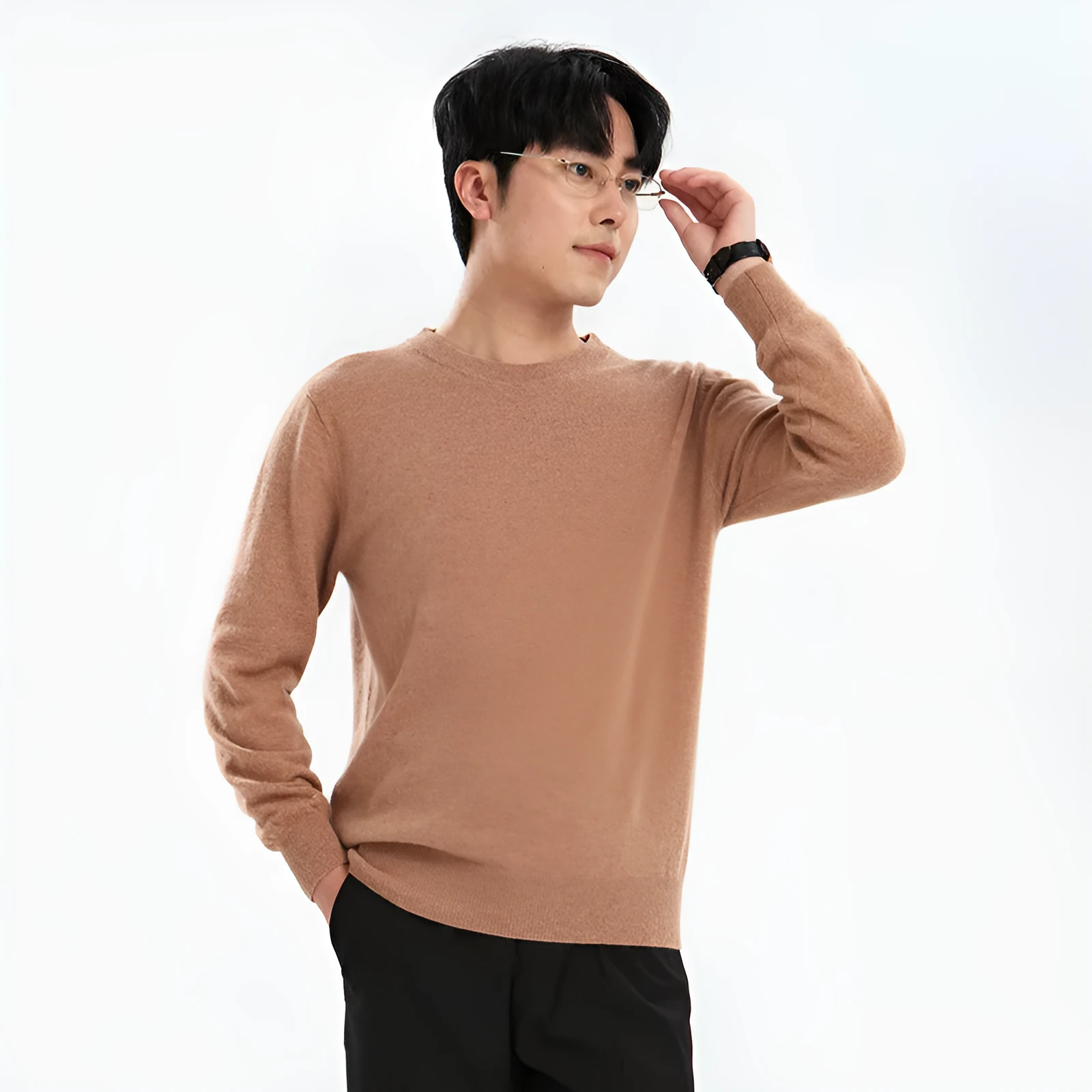 Men's loose round neck pullover sweater in standard wool, autumn long sleeve, regular 50cm length