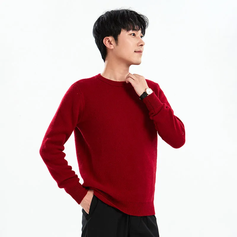 Men's loose round neck pullover sweater in standard wool, autumn long sleeve, regular 50cm length