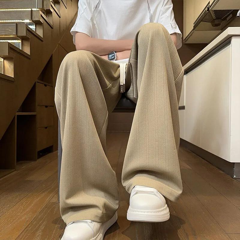 Men's loose straight casual trousers in khaki colour, polyester fabric, summer leisure wear