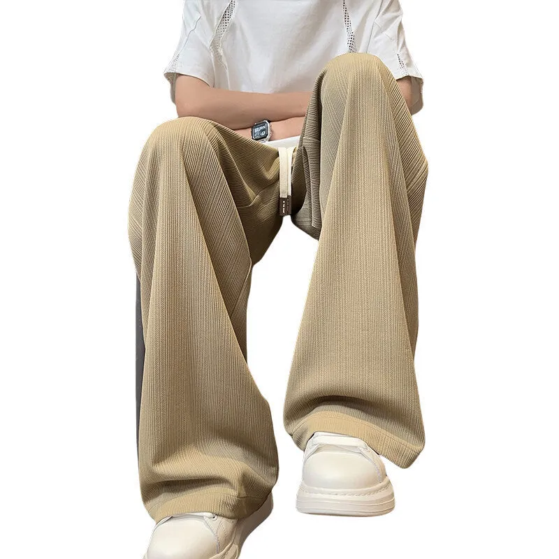 Men's loose straight casual trousers in khaki colour, polyester fabric, summer leisure wear