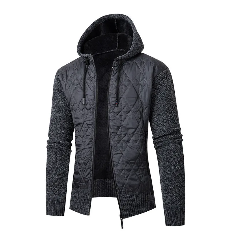 Men's grey hooded sweater coat cardigan with corduroy texture, cinched waist.