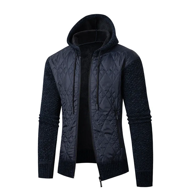 Men's grey hooded sweater coat cardigan with corduroy texture, cinched waist.