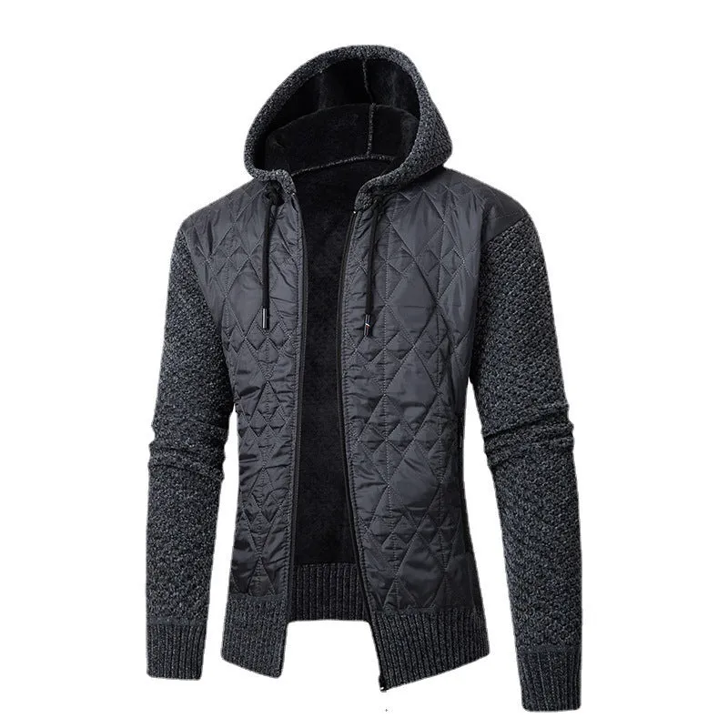 Men's grey hooded sweater coat cardigan with corduroy texture, cinched waist.