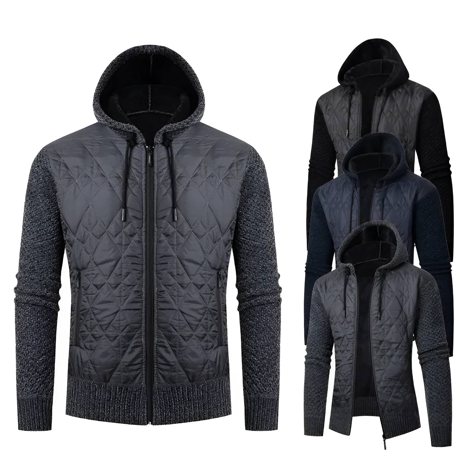 Men's grey hooded sweater coat cardigan with corduroy texture, cinched waist.