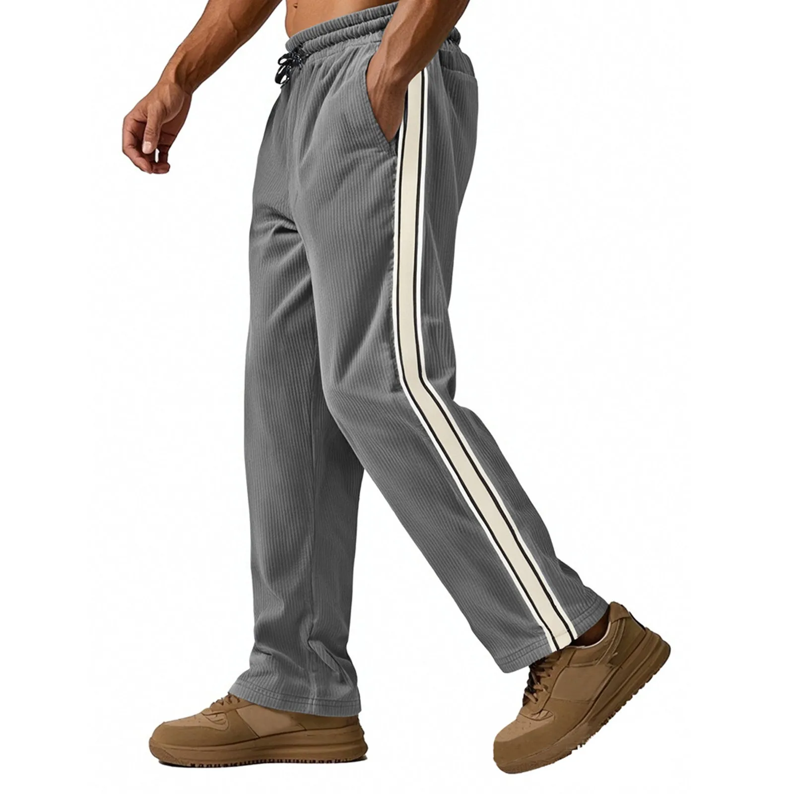 Men's corduroy track pants in dark blue side stripe loose fit