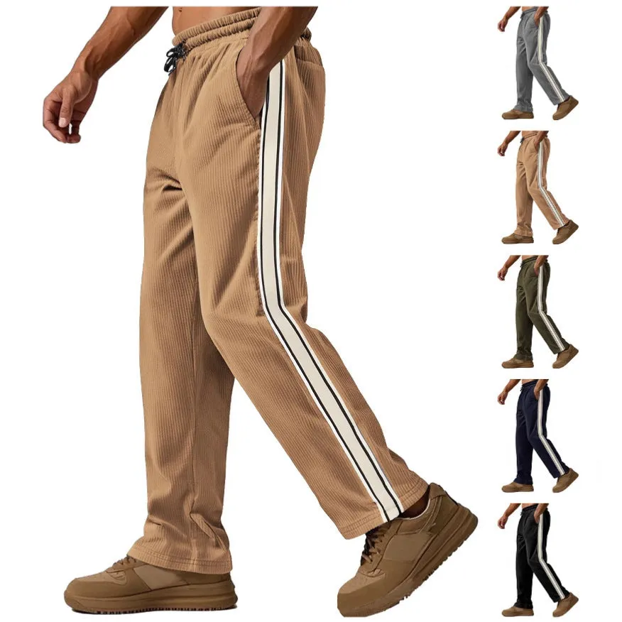 Men's corduroy track pants in dark blue side stripe loose fit