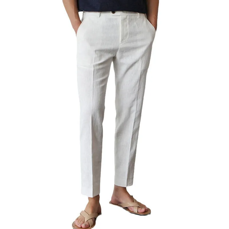 Men's cotton linen cropped straight-leg trousers in white, summer youth style with elastic waist