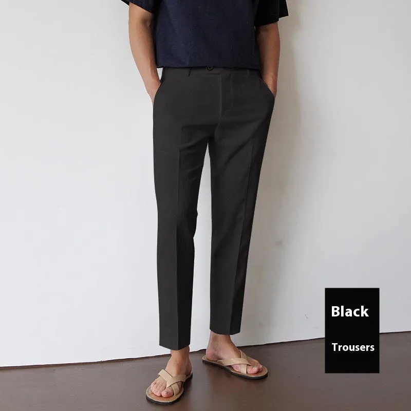 Men's cotton linen cropped straight-leg trousers in white, summer youth style with elastic waist