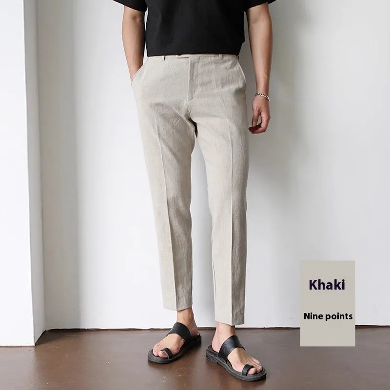 Men's cotton linen cropped straight-leg trousers in white, summer youth style with elastic waist
