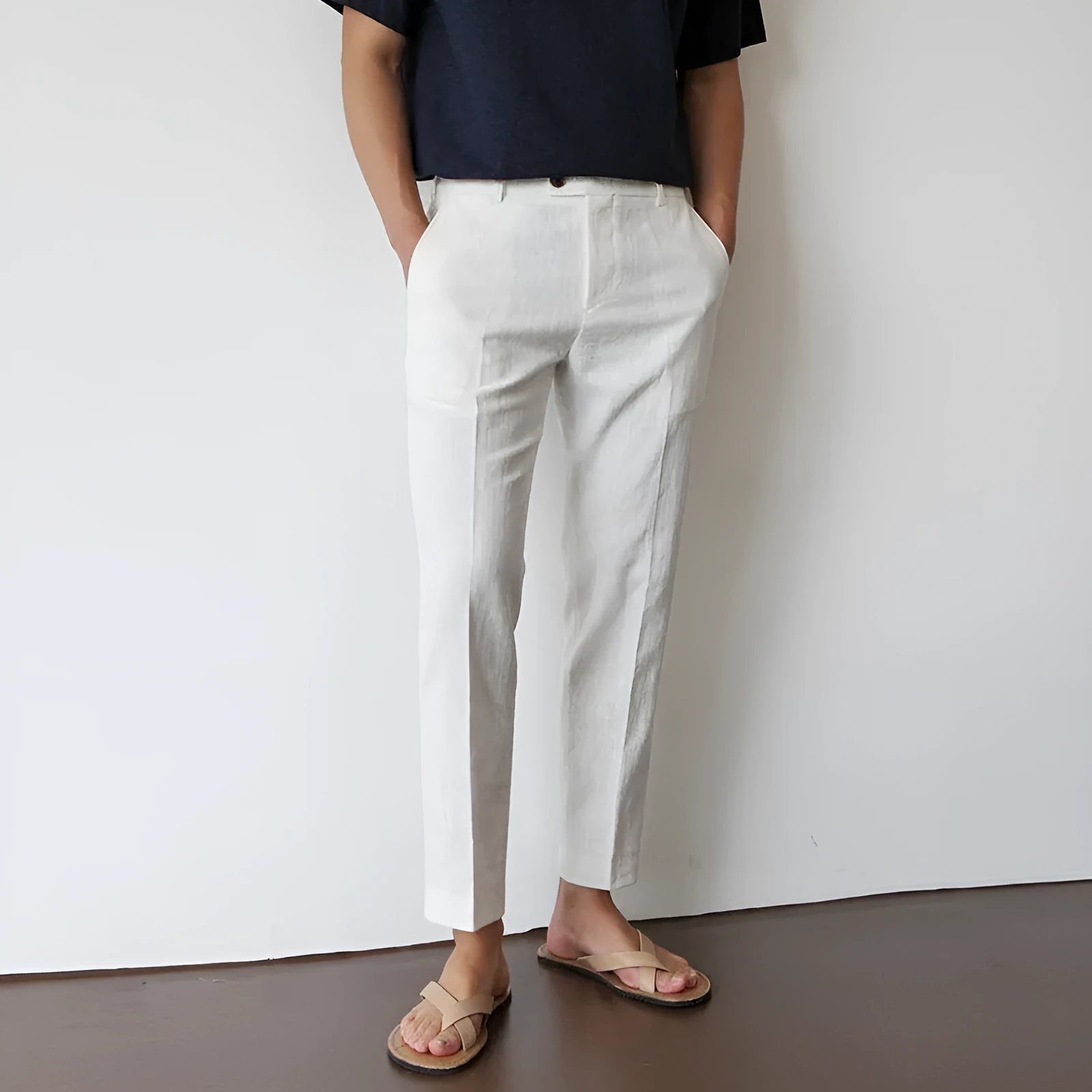 Men's cotton linen cropped straight-leg trousers in white, summer youth style with elastic waist