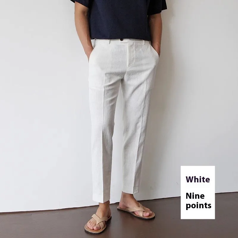 Men's cotton linen cropped straight-leg trousers in white, summer youth style with elastic waist