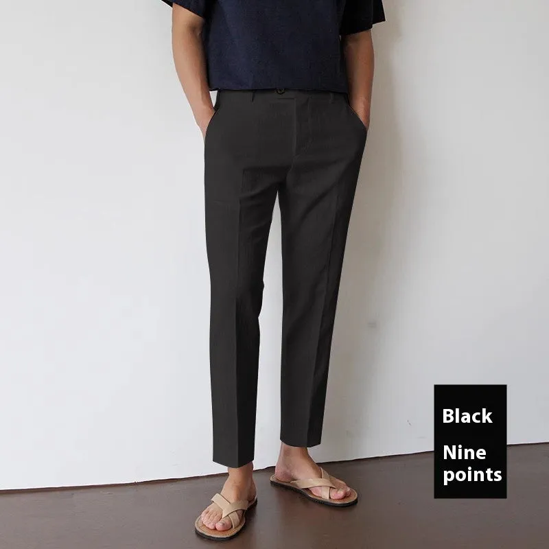 Men's cotton linen cropped straight-leg trousers in white, summer youth style with elastic waist