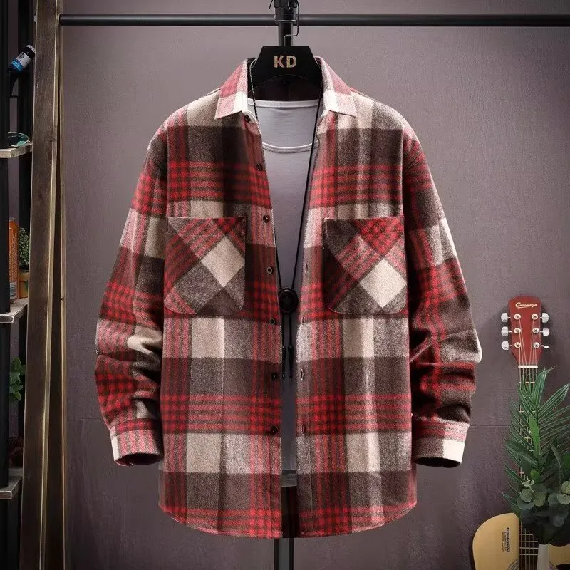 Men's plaid lapel shirt coat in red with long sleeves and cardigan style