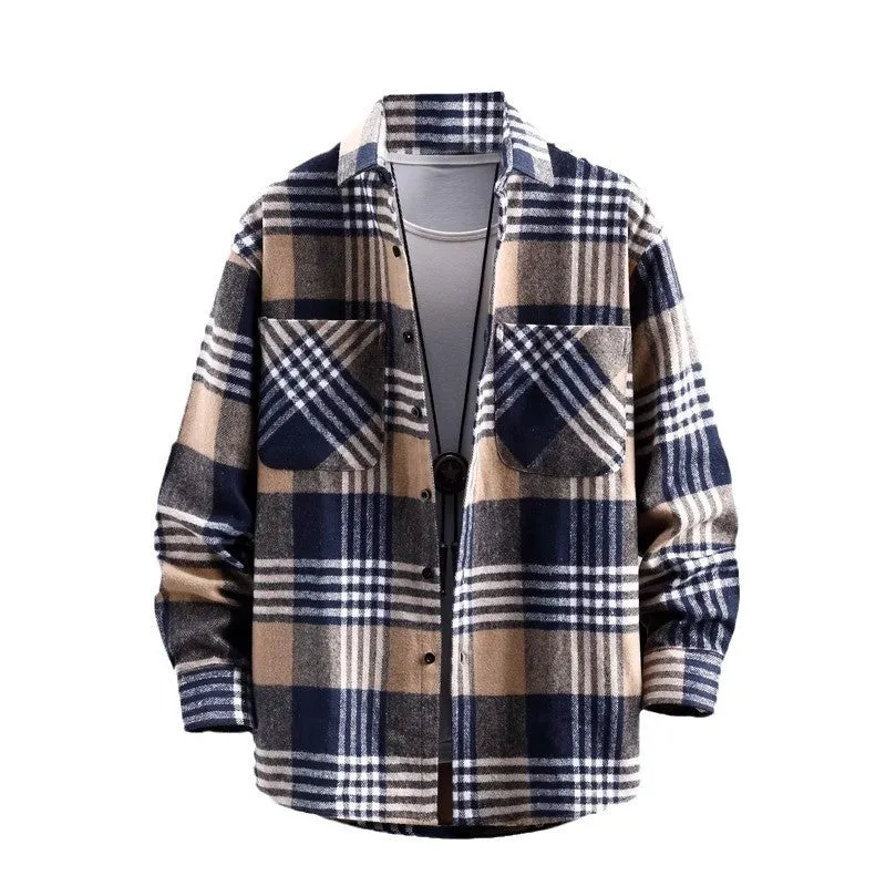 Men's plaid lapel shirt coat in red with long sleeves and cardigan style