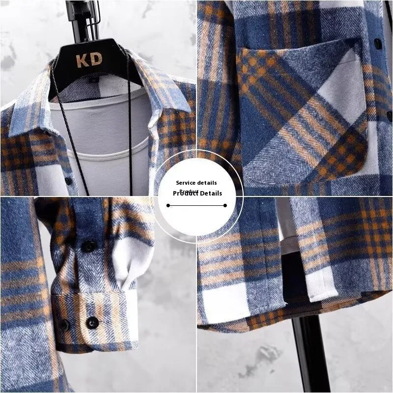 Men's plaid lapel shirt coat in red with long sleeves and cardigan style