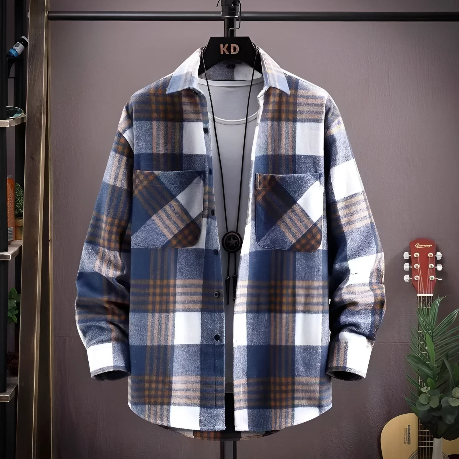 Men's plaid lapel shirt coat in red with long sleeves and cardigan style