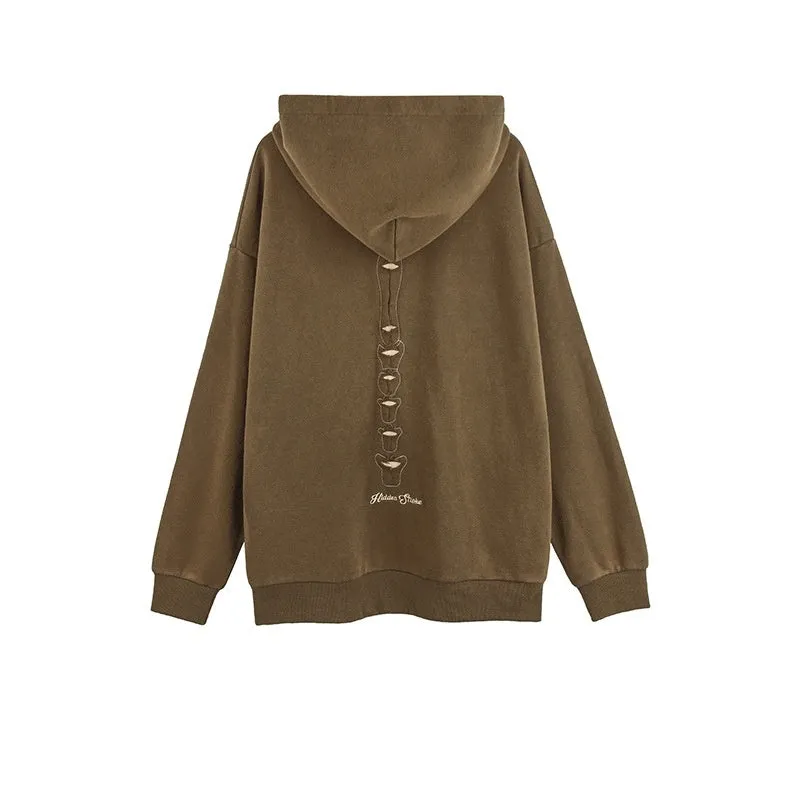 Men's loose pullover hoodie with skull print in Antique Brown, front view, cotton fabric