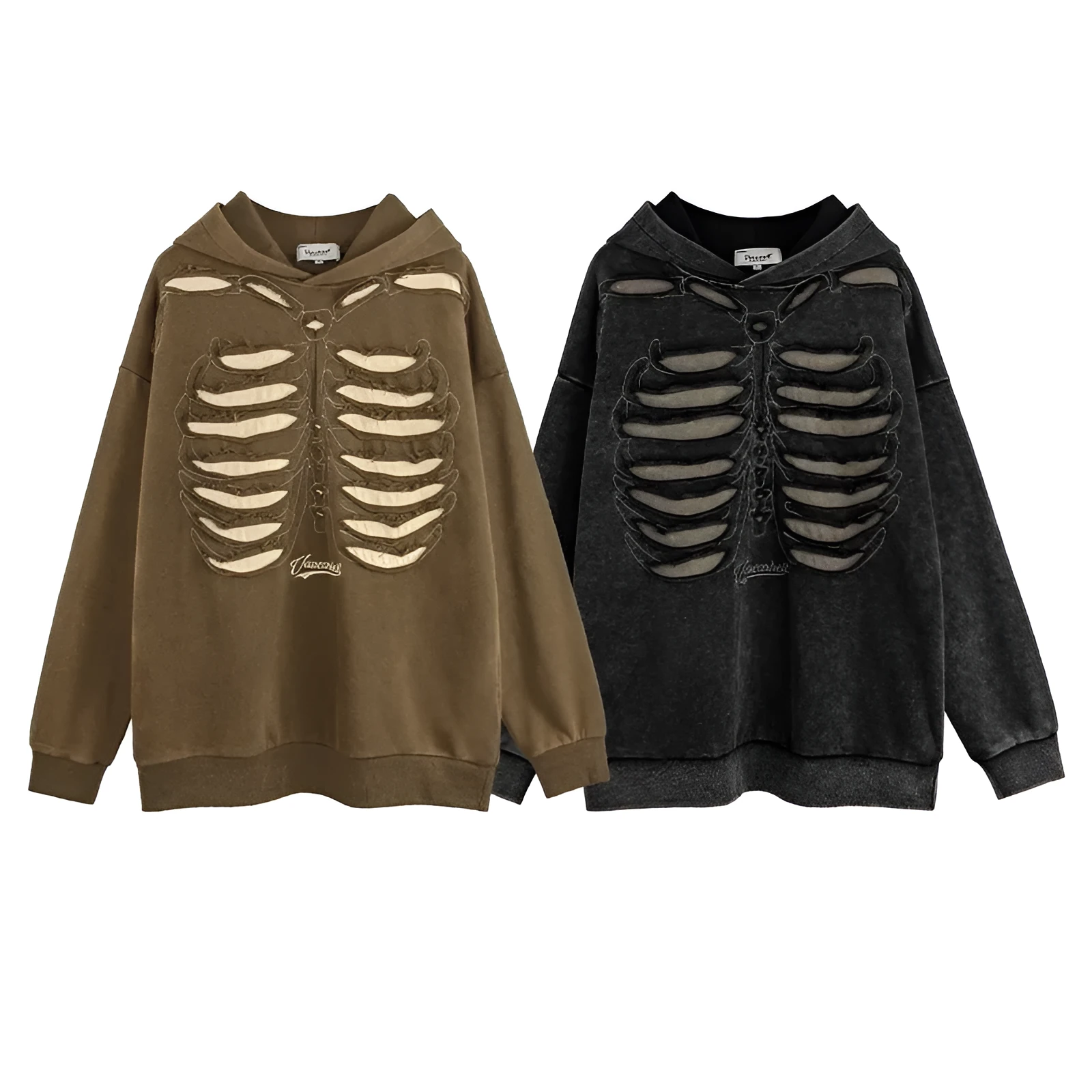 Men's loose pullover hoodie with skull print in Antique Brown, front view, cotton fabric