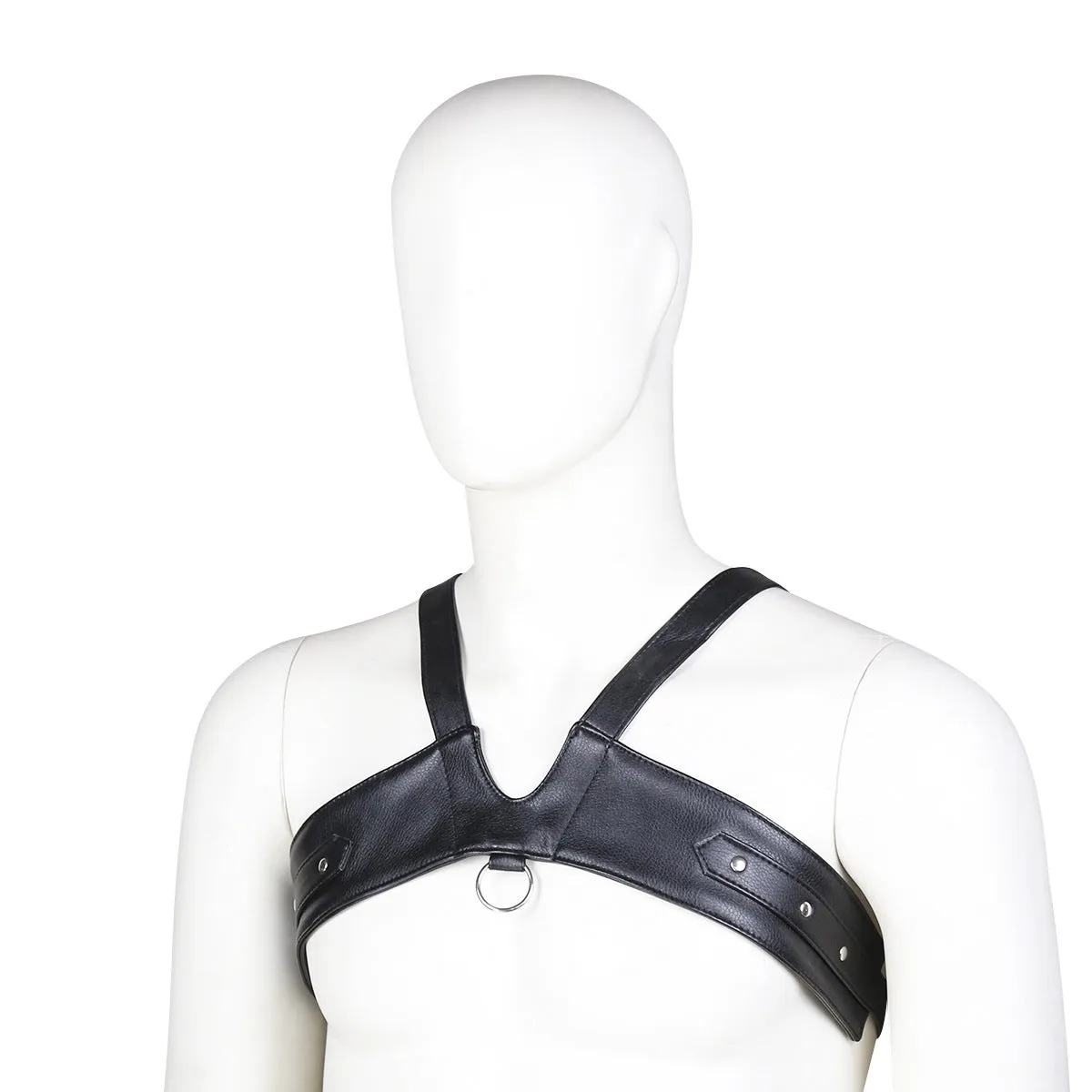 Black leather adjustable men's chest strap harness laid flat on a neutral background with adjustable fastener visible