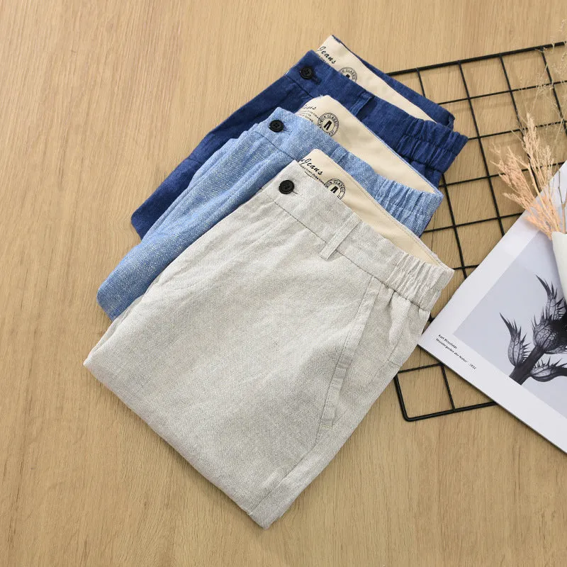 Men's loose linen shorts in blue, light blue, and raw jute colour, sizes M to 3XL, retro fifth-pant length
