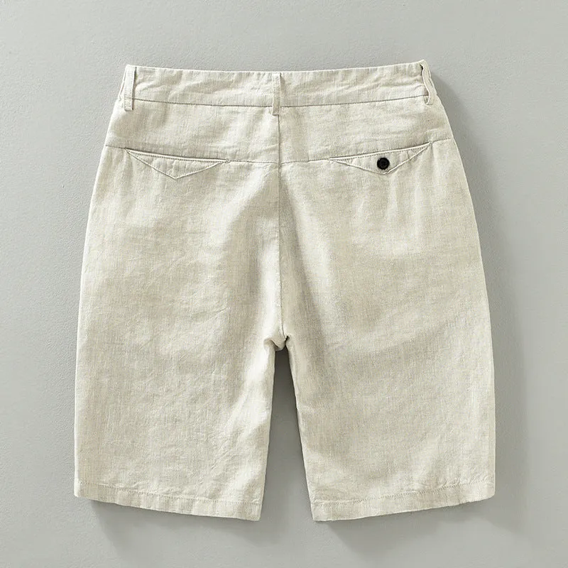 Men's loose linen shorts in blue, light blue, and raw jute colour, sizes M to 3XL, retro fifth-pant length