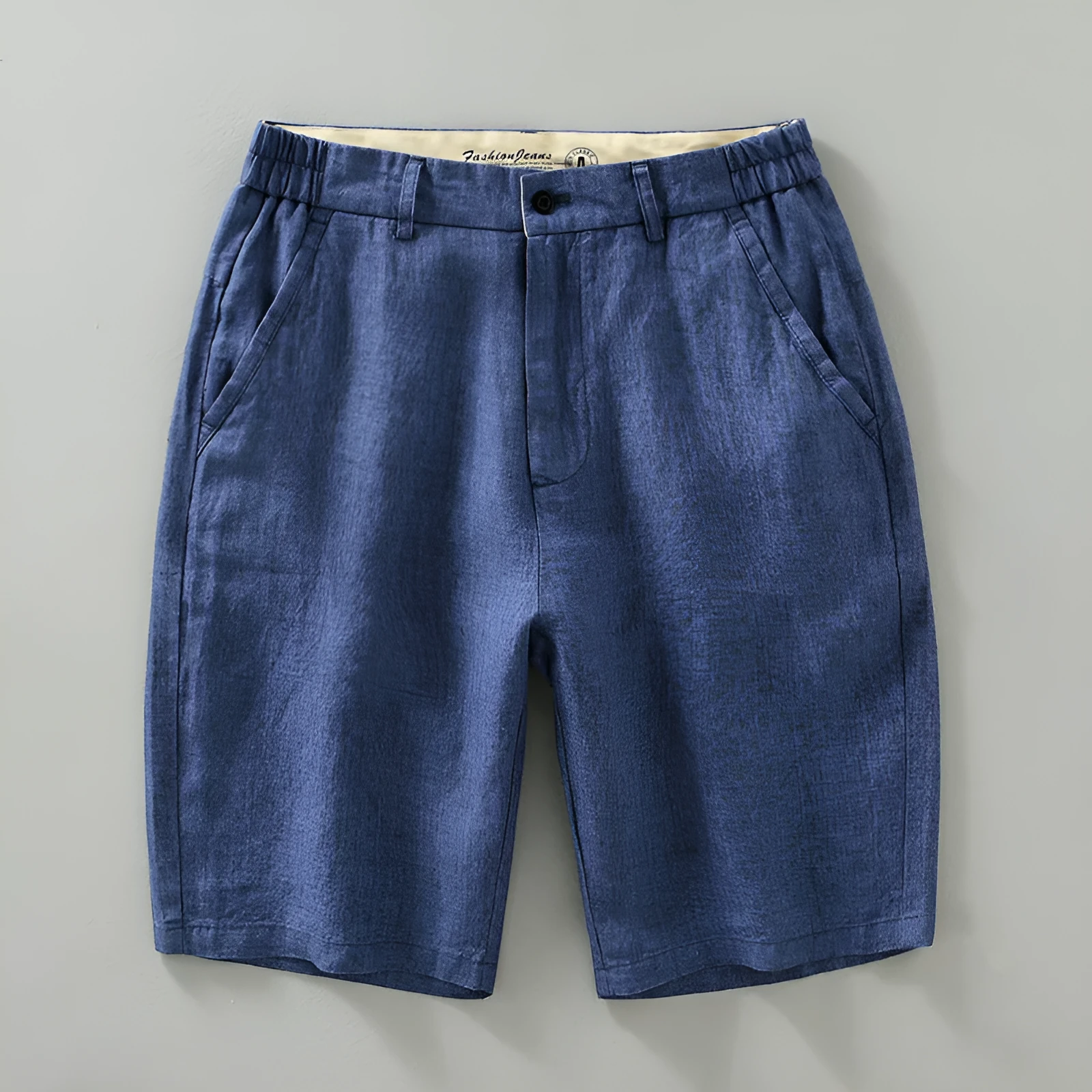 Men's loose linen shorts in blue, light blue, and raw jute colour, sizes M to 3XL, retro fifth-pant length