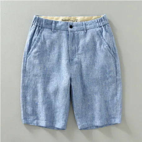 Men's loose linen shorts in blue, light blue, and raw jute colour, sizes M to 3XL, retro fifth-pant length
