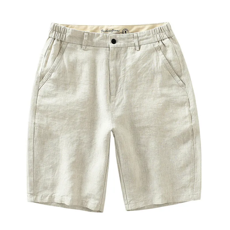 Men's loose linen shorts in blue, light blue, and raw jute colour, sizes M to 3XL, retro fifth-pant length