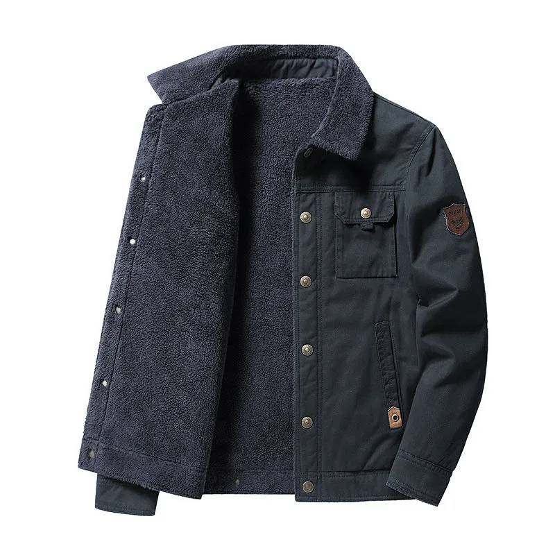 Men's fleece-lined cotton polo collar jacket in army green with regular fit