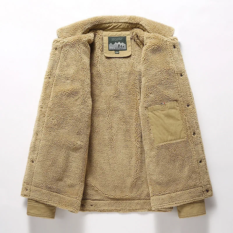 Men's fleece-lined cotton polo collar jacket in army green with regular fit
