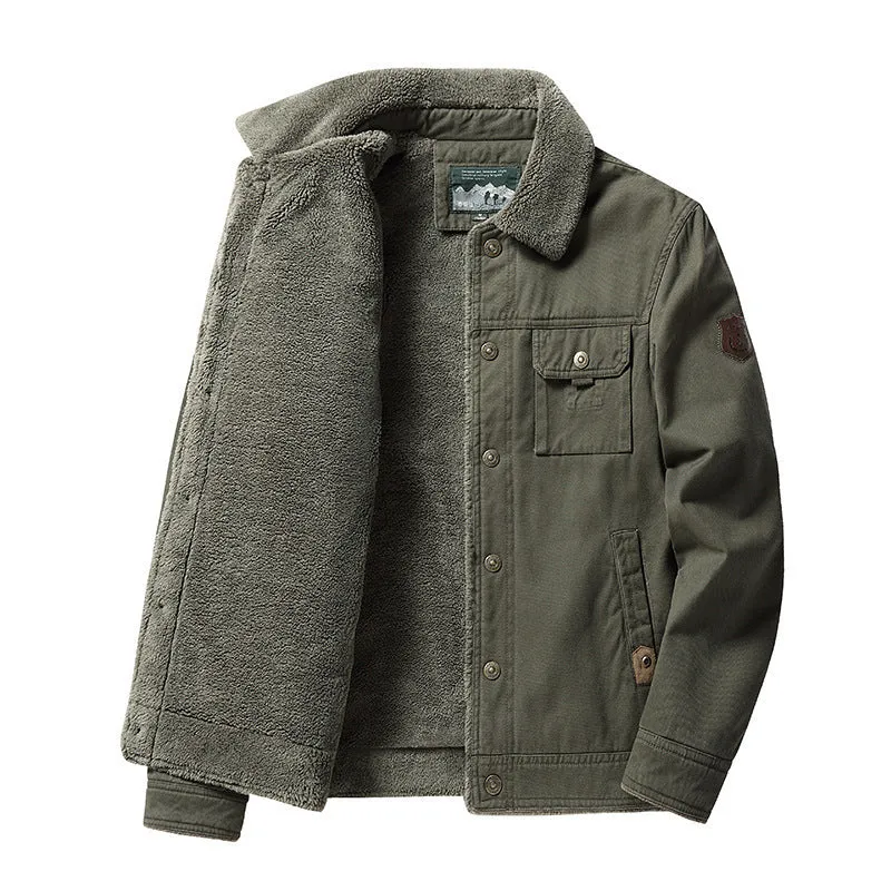 Men's fleece-lined cotton polo collar jacket in army green with regular fit