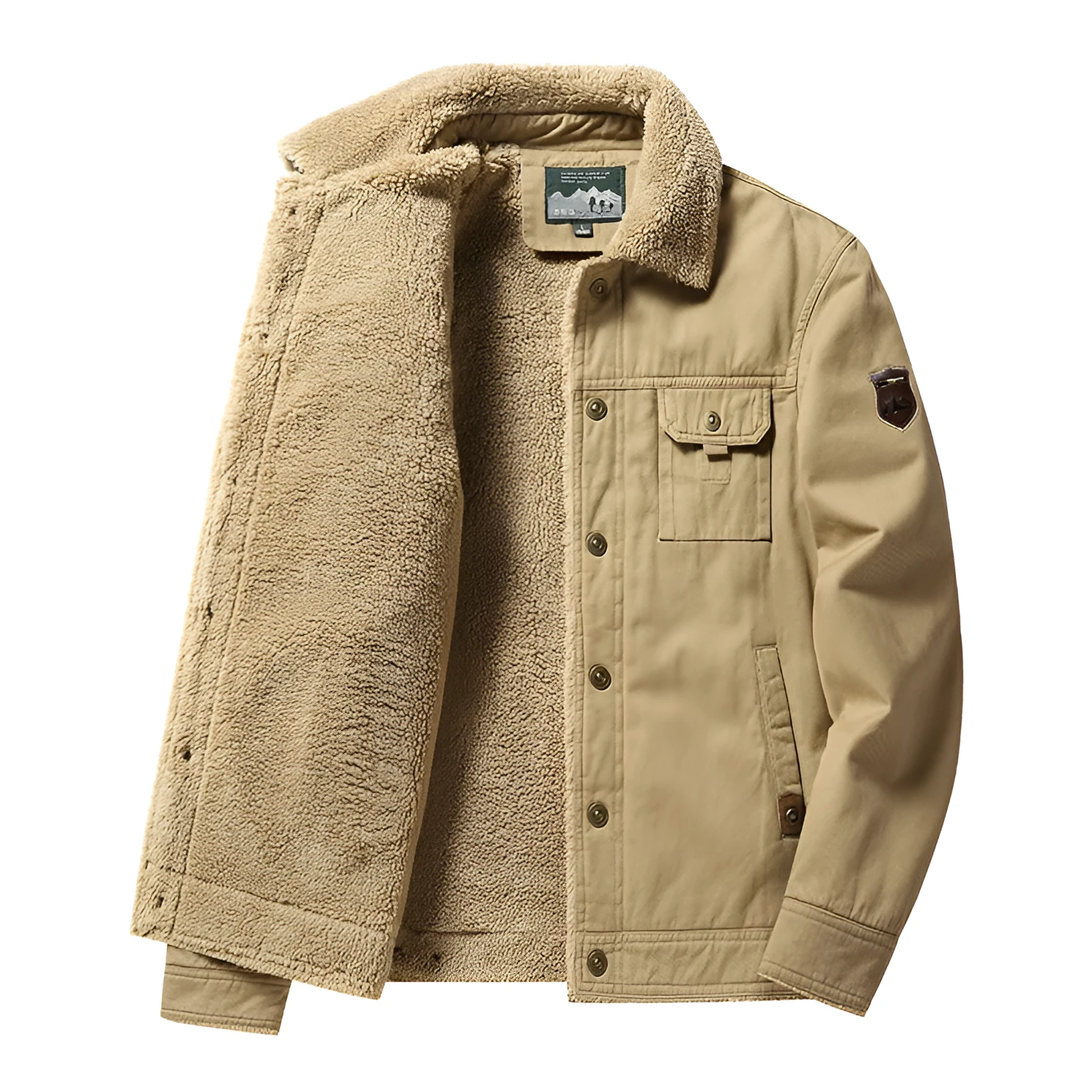 Men's fleece-lined cotton polo collar jacket in army green with regular fit
